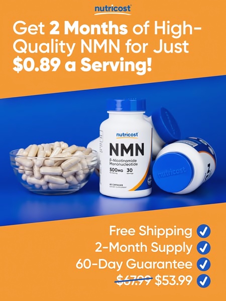 This ad features a clear product shot of NMN capsules alongside a high-value discount offer and a bulleted list of purchase incentives.